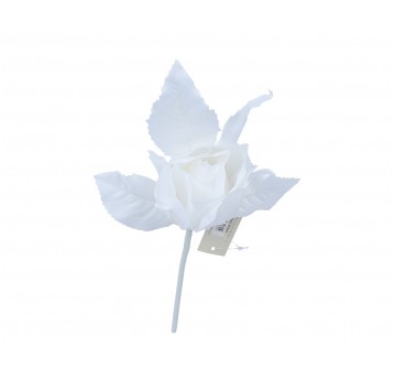 Róża biała z liściem na piku l 28cm d 8cm